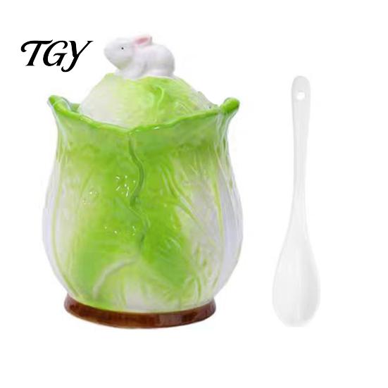 Novelty Vegetable Design Jar Ceramic Cabbage Shaped Lard with Lid Spoon, 350ml Kitchen Sealed Condiment Server for Restaurant Seasoning Container,