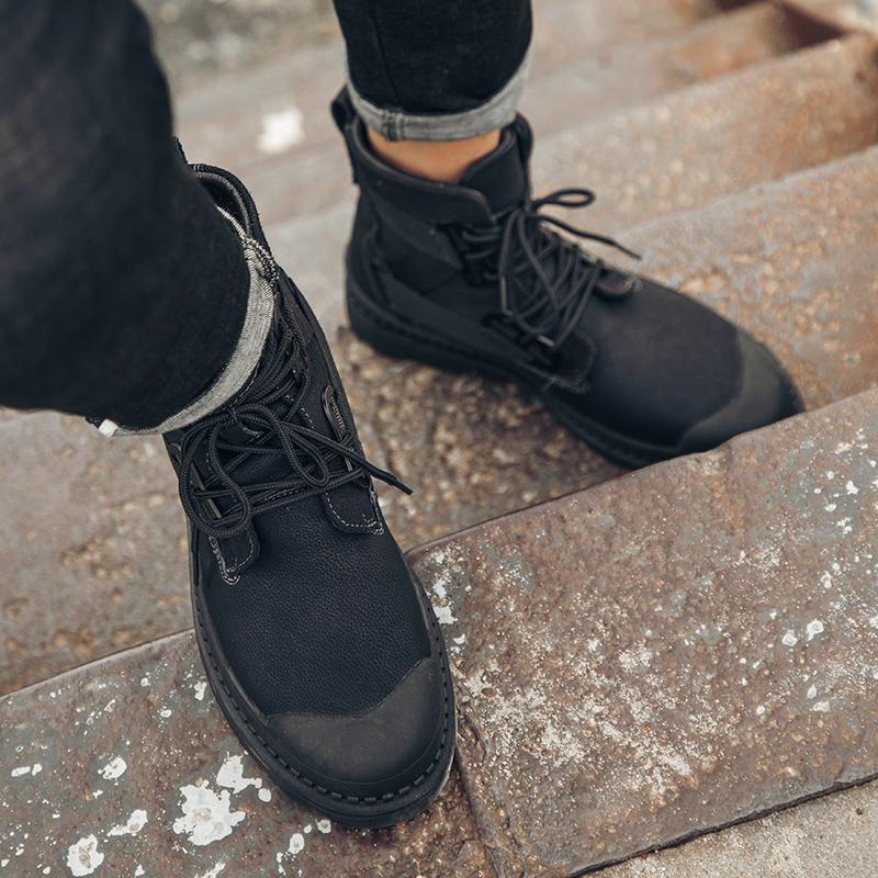 2024 Autumn Winter Fashion Men Lace Up Round Toe Ankle Boot Leather High Quality Comfortable Black Leather Platform Casual Boots