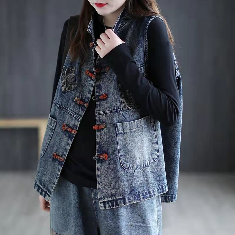 Gilet di Jeans Vintage da Donna Vestibilità Ampia Ricamo Abbottonatura Frontale Capispalla Casual