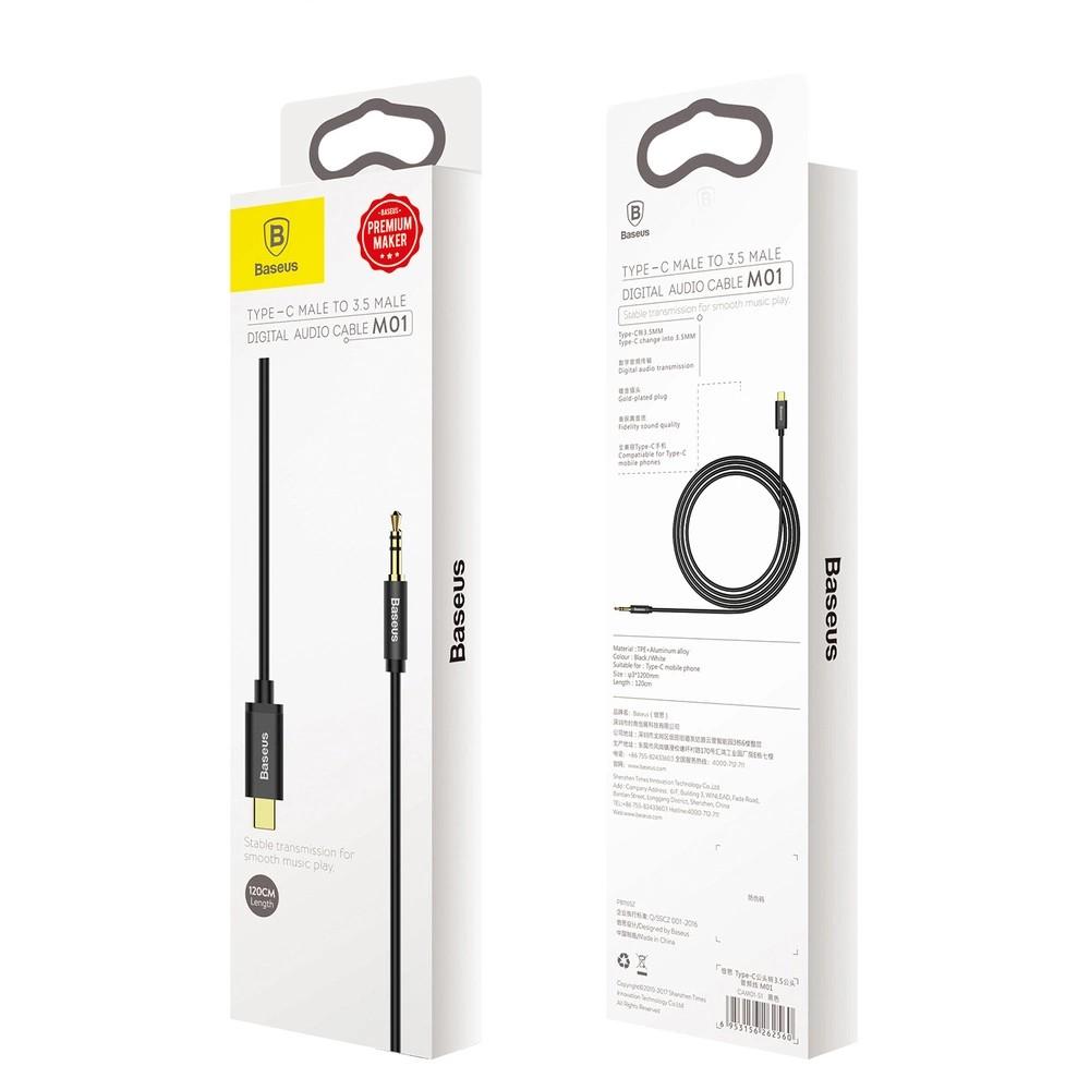 Baseus kabel audio stereo przejściówka AUX 3,5 mm mini jack - USB Typ C do telefonu tabletu 120cm czarny (CAM01-01)
