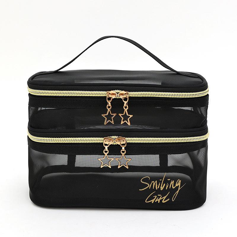 1 Stück Doppelschichtige schwarze Netz-Make-up-Tasche, Organizer, Aufbewahrungstasche, lässiger Reißverschluss, Kulturbeutel, Reisekosmetiktasche für Frauen