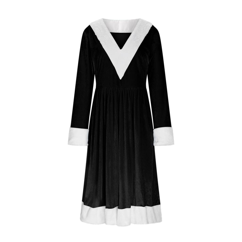 Women's Fashionable Loose-Fit Long-Sleeved Plush V-Neck Solid-Colour Party Dress