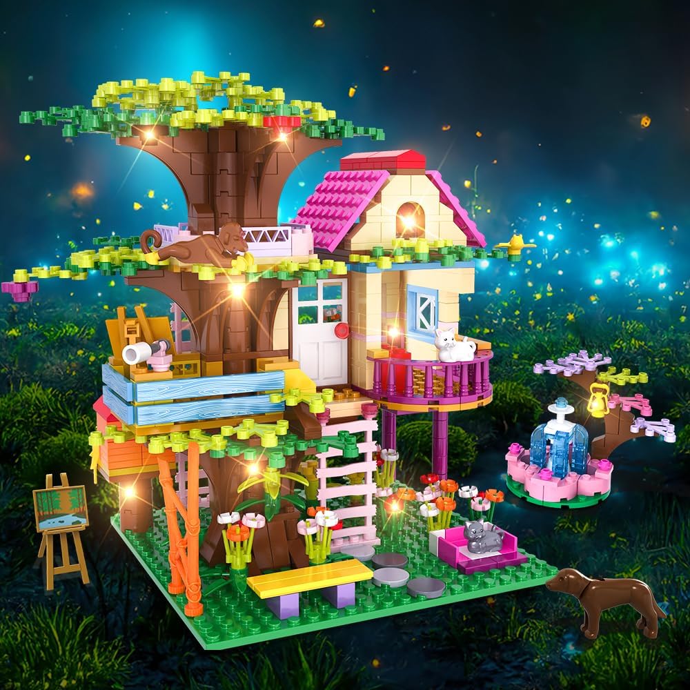 HOGOKIDS Tree House Building Set with LED Light - 613PCS Forest Girl House Building Block Toy with Fountain Animals, Birthday Gifts for Girls Boys