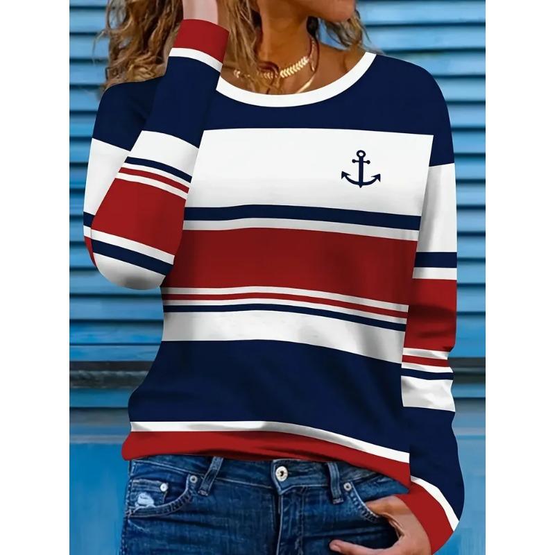 Spring and Summer Women's Round Neck Long-Sleeved Stripesd Casual Design Simple and Elegant T-Shirt