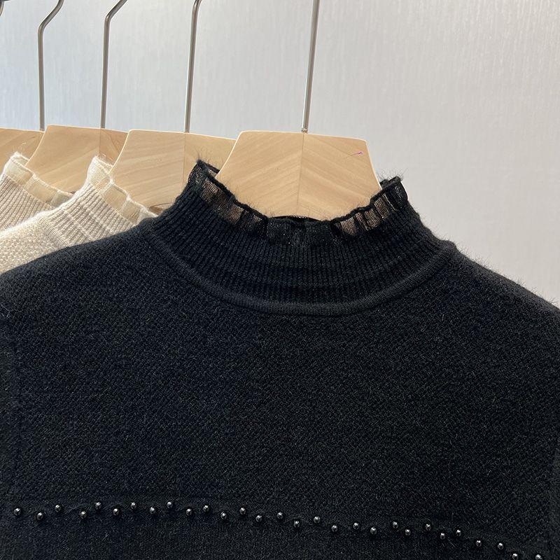 Pulover de damă de toamnă și iarnă cu mărgele pentru unghii, călduros, dintr-o singură piesă, din catifea, cu gât semi-înalt și bază tricotată cu bordură groasă din dantelă