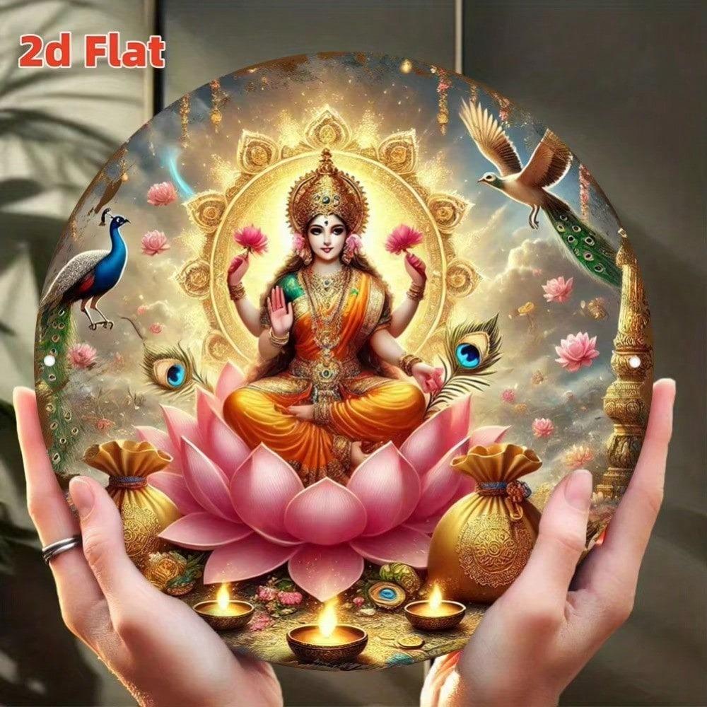 Lakshmi Goddess of Wealth Metal Wall Art Hindu Buddhist Decor Lotus Peacock Motif Home Temple Hotel Room Decoration