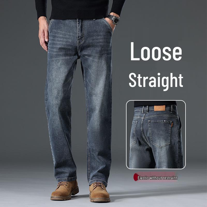 Men's Spring/Summer Cotton Straight-Leg Jeans with Fleece—Versatile, Elastic, Loose-Fit Casual Trousers.