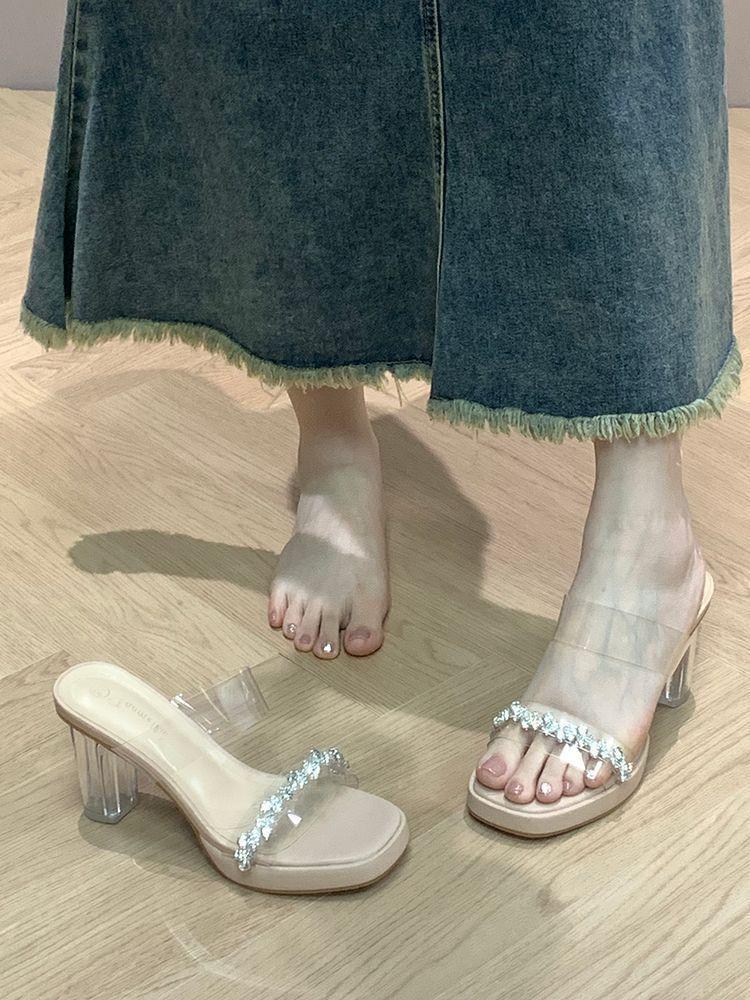 Transparent thick heel rhinestone sandals female summer word fairy wearing high heels beautiful crystal slippers season belt