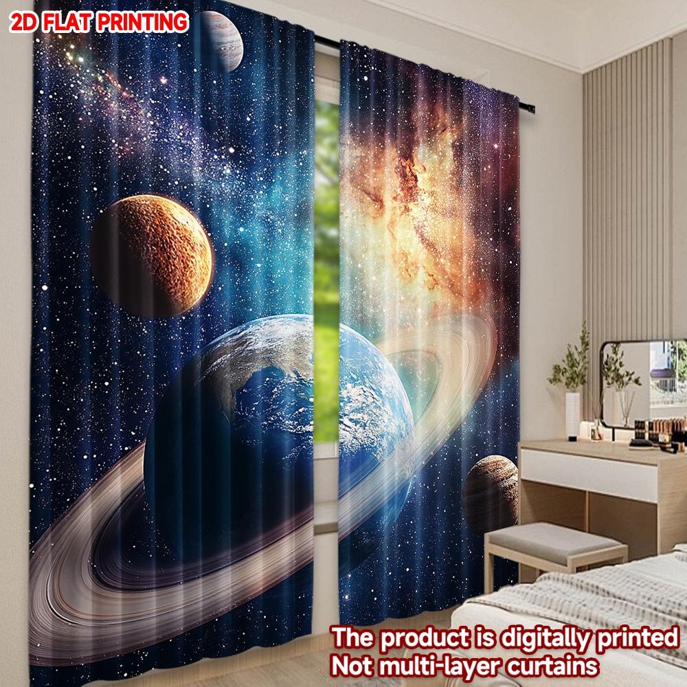 2D Flat Printing 2pcs Party Curtain Celestial Planets and Stars Digital Printed Polyester Drapes Holiday Decorations for Home &