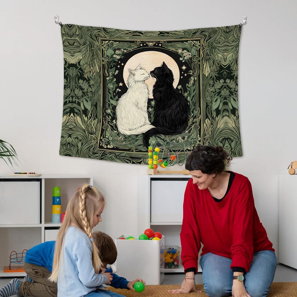 Vintage Black and White Cat Wall Tapestry,Cat Mom Lovers Gifts Wall Tapestry Hanging for Bedroom, Tarot Card Botanical Aesthetic