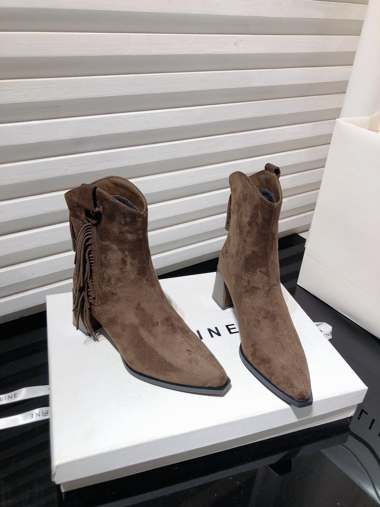 Yueyu 2025 new retro thick heel Martin boots women's pointed suede medium heel short boots fringed boots western cowboy boots