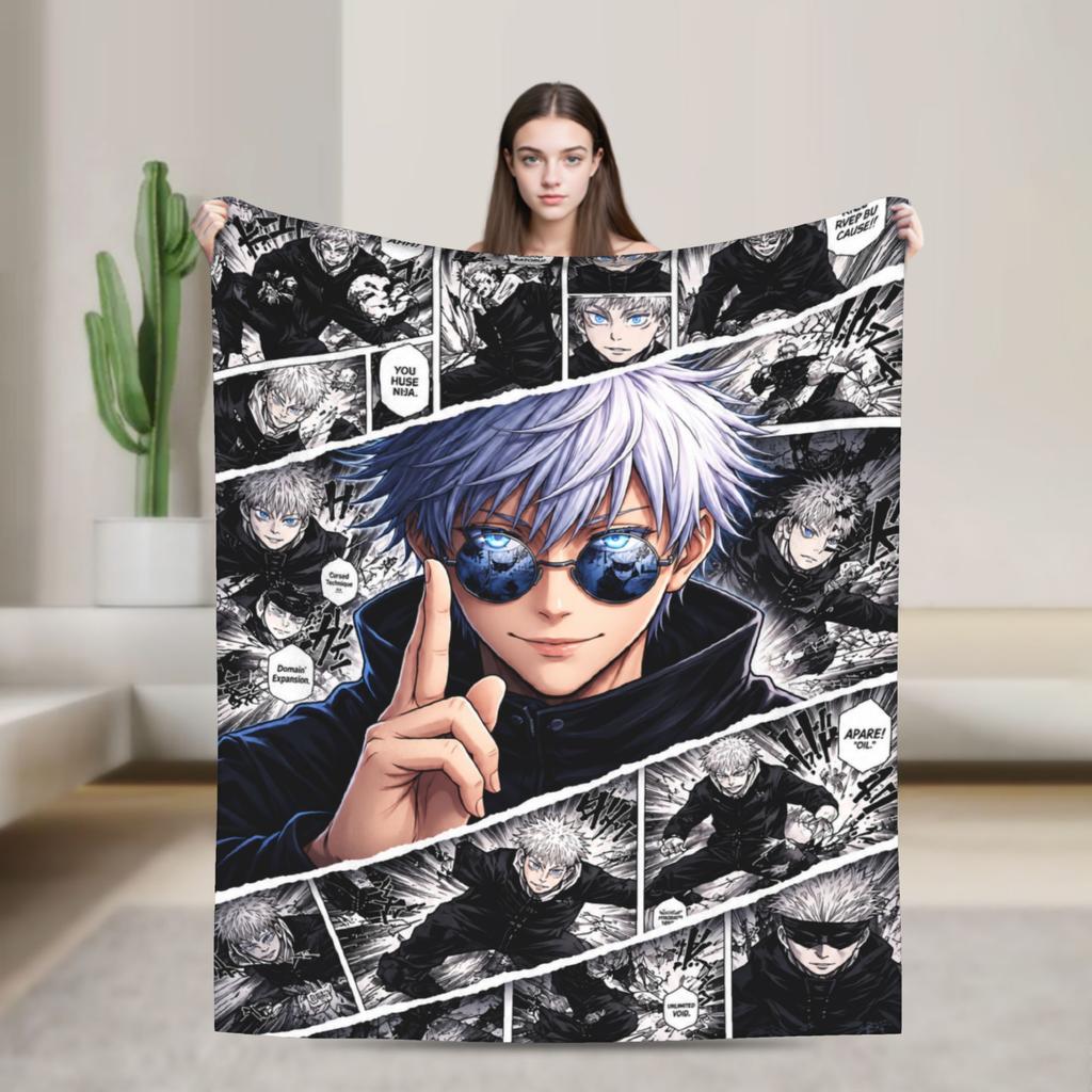 Warm Soft Blankets Camping Jujutsu Kaisen Gojo Satoru Chibi Character Bedding Throws Flannel Bedspread For Couch Bed Bed Cover