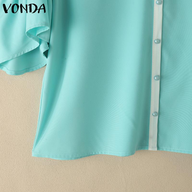 VONDA Women Summer V Neck Puff Half Sleeve Ruffled Buttons Casual Blouse