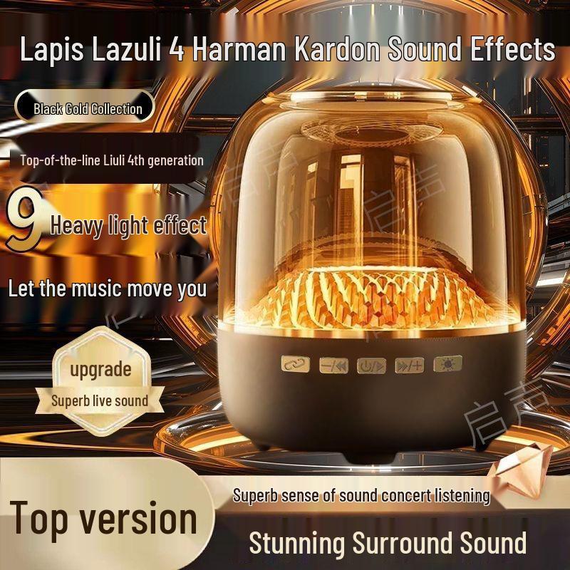 Large Black Gold Wireless Bluetooth Outdoor Smart Speaker with Subwoofer and Card Slot.