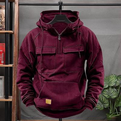 Spring Autumn Men Hoodie Cargo Style Drawstring Big Patch Pocket Half Zipper Long Sleeves Solid Color