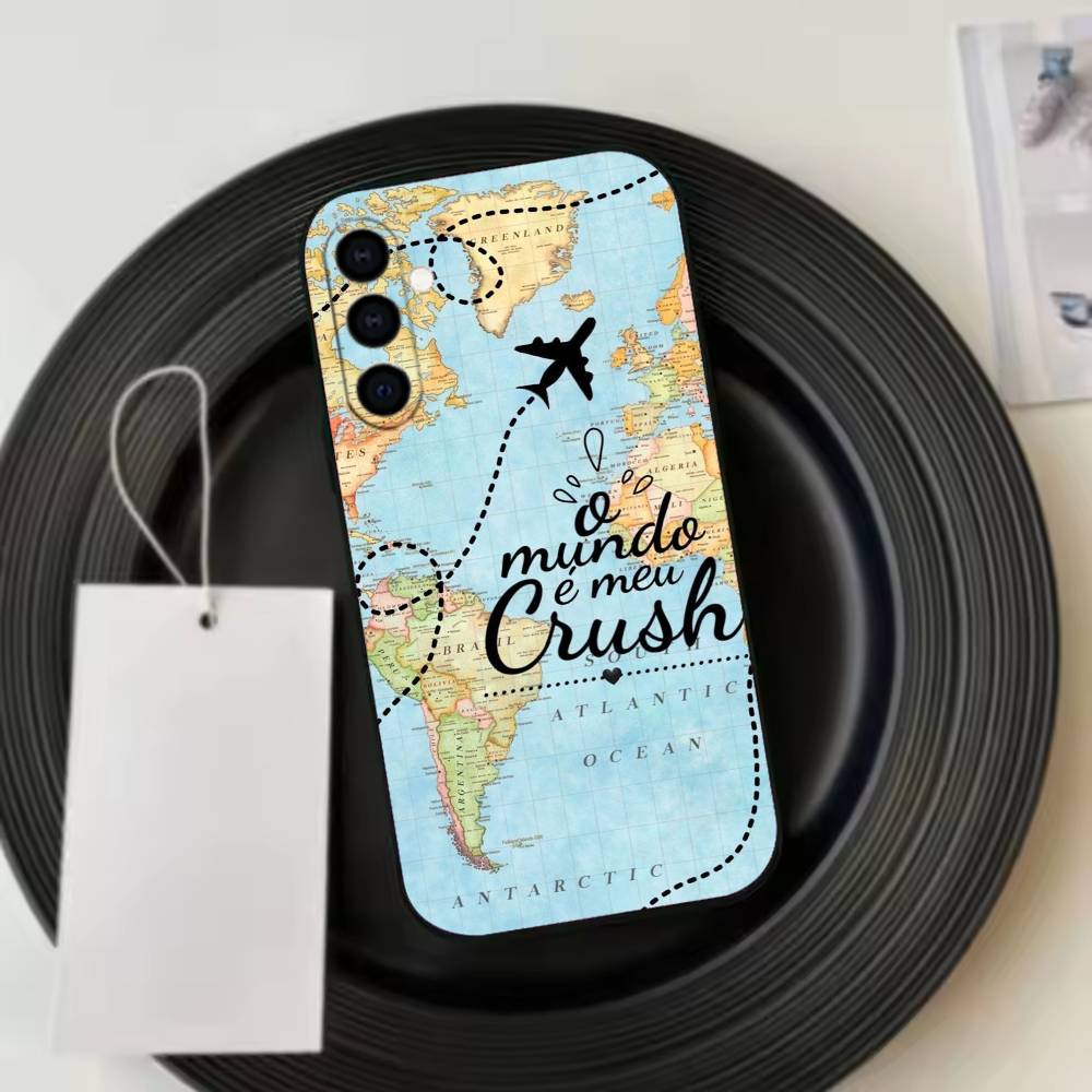 Travel Airplane Route Phone Case Black Silicone Soft For Samsung Galaxy A73,A72,A71,A70,A53,A52,A51