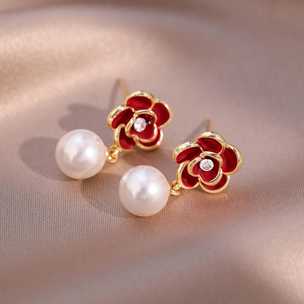 Silver Needle Enamel Rhinestone Flower Pearl Stud Earrings - Elegant High-End Accessories for Women