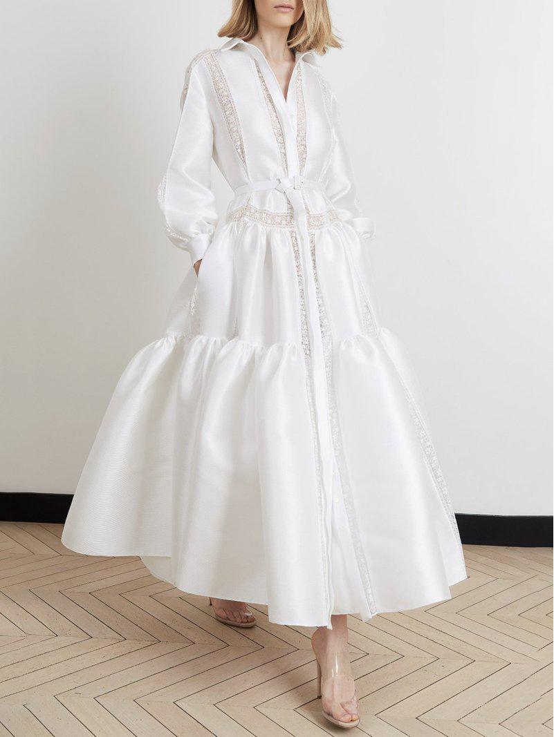 

2025 Европейский и американский осенне-зимний женский повседневный наряд с белым кружевным пэчворком и длинными рукавами S белый