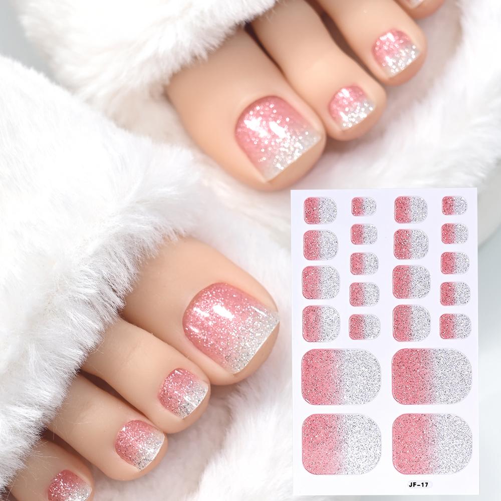 22tips/Sheet Glittering Toenails Manicure Art Decals Baking Free Toe Nail Stickers Full Cover Removable Adhesive DIY Nail Patch*