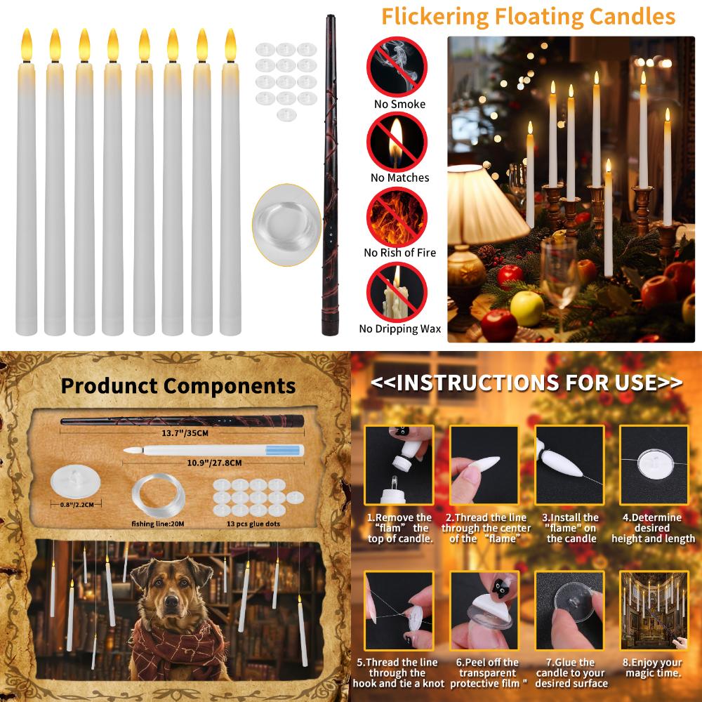 6/8/12Pc Hanging Floating Candles with/without Remote Flameless Flickering Taper Candles Dripless Handheld LED Candles Lights