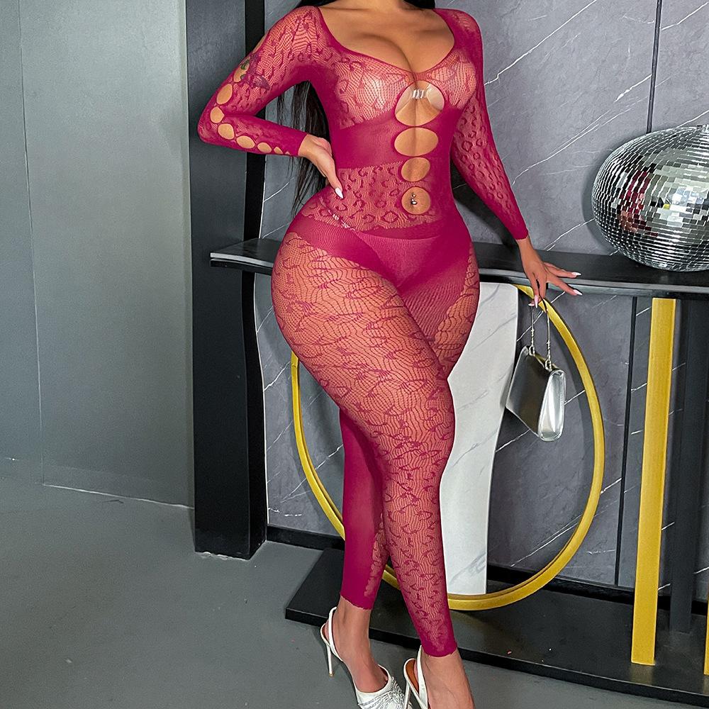 Sexy Hollow Lingerie Red Mesh Pajamas Long Sleeves Backless Tights
