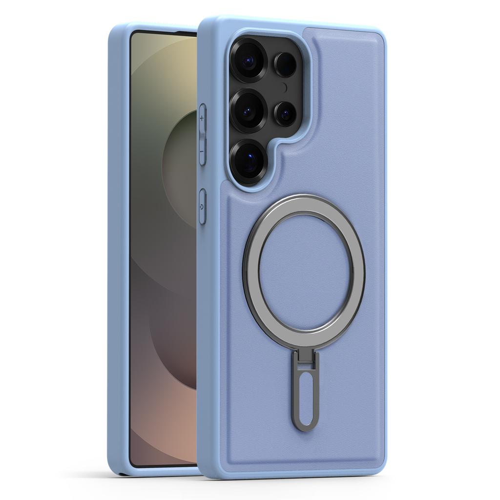 Magsafe Magnetic Metal Car Bracket Ring Luxury Matte Leather Phone Case For Samsung S22 S23 S24 S25 Ultra S24 Plus S25 FE Back Cover