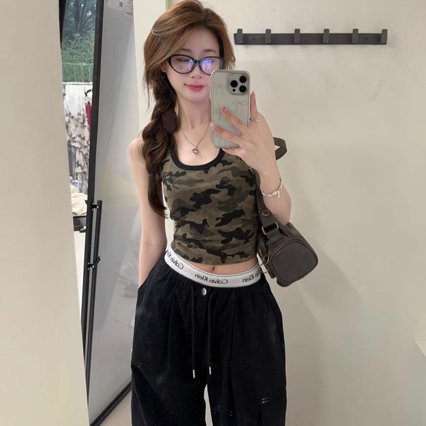 Women's Camo Print U Neck Tank Top Sleeveless Slim Cropped Camisole Vintage Streetwear Y2K Hot Girl Summer Crop Vest