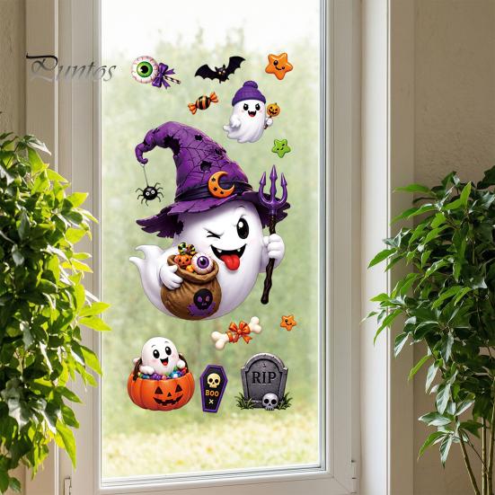 Festive Party Glass Supplies Halloween Witch Hat Ghost Window Clings, Spiders Bat Pumpkin Spooky Removable Stickers for Home Holiday Store Decoration