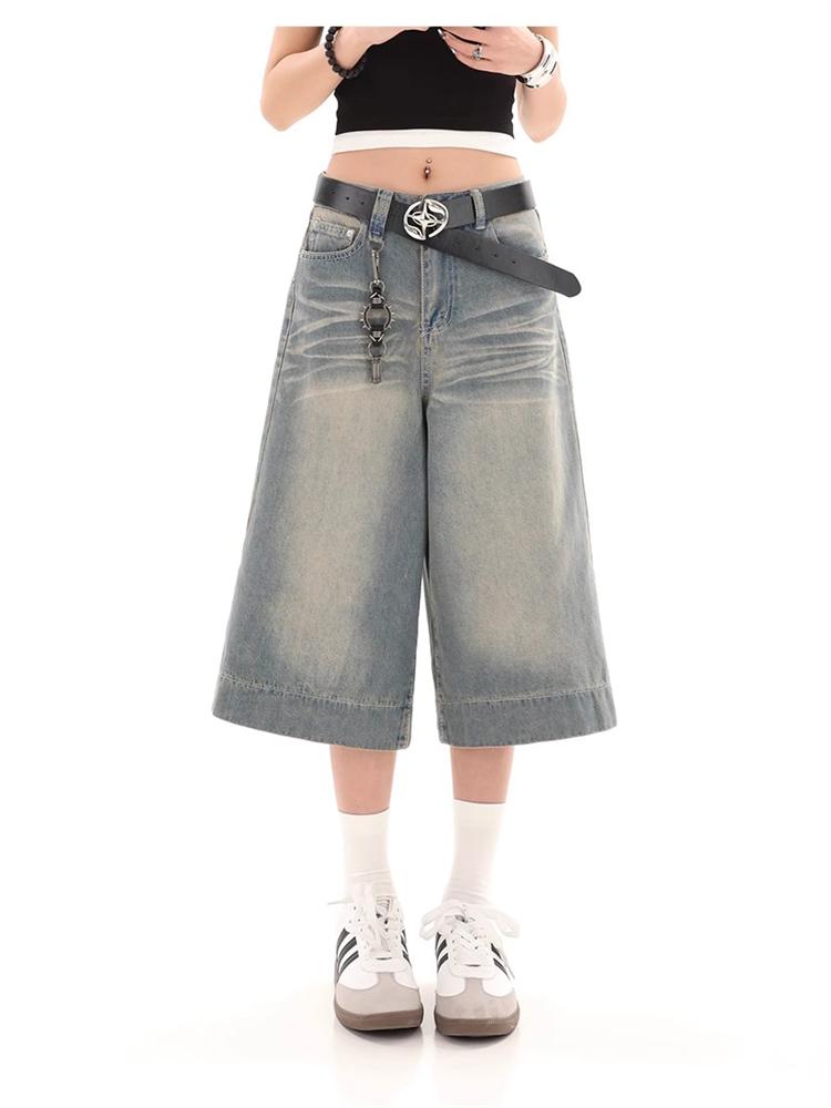 Cat Whisker textura Retro džínové šortky Ženy Americký styl Vintage Široké nohavice Street Summer Dámské Retro Volné krátké džíny s vysokým pasem Y2k