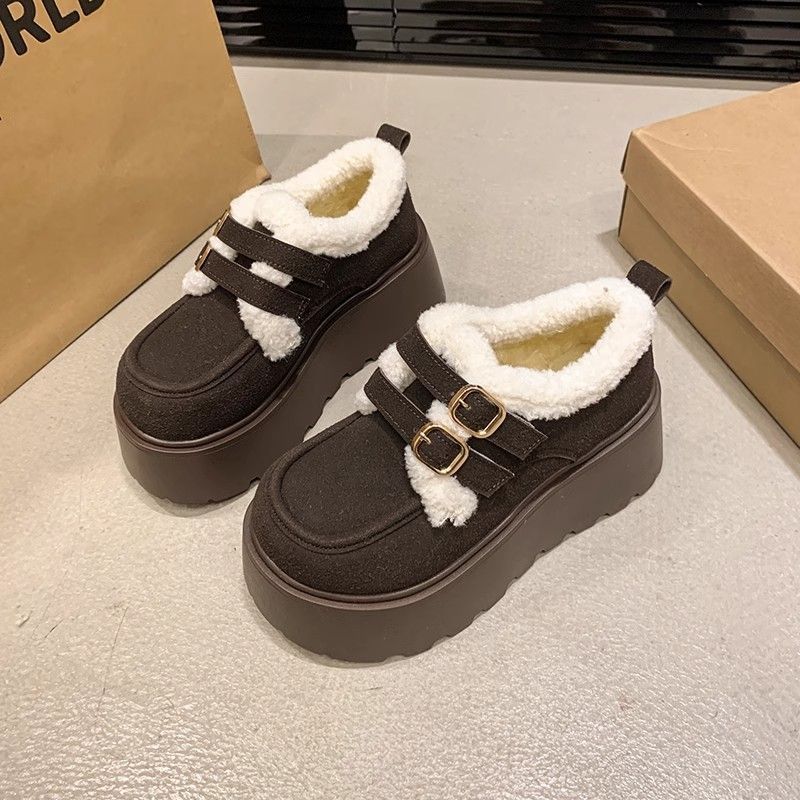 Snow Boots Women's Thick-soled Heightening Velvet Warm Small Leather Shoes Women's 2025 Autumn and Winter New Versatile One-pedal Cotton Shoes