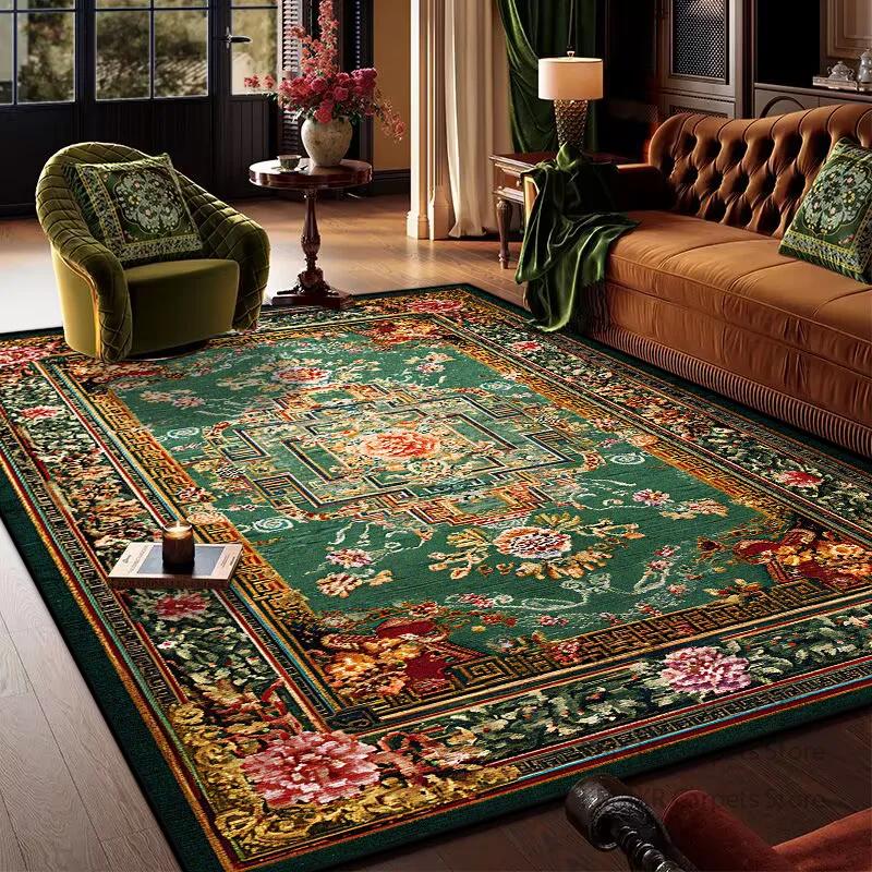 Retro Böhmischer Persischer Grüner Teppich für Wohnzimmer Bequem Weich Rutschfest Schlafzimmerteppiche Klassische Eingangstürmatte Waschbar