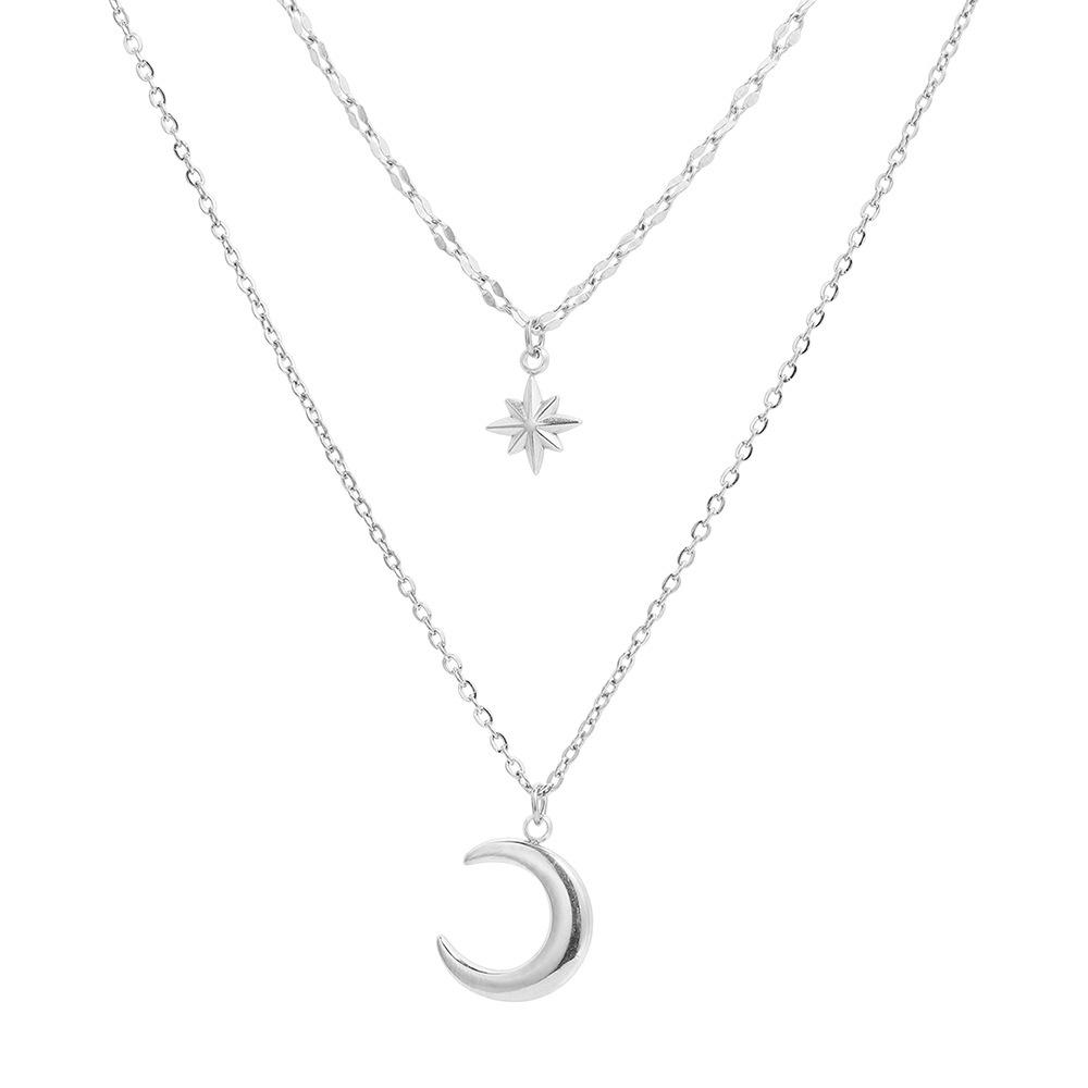 Hot-selling Octagram Double-layer Necklace Stainless Steel-plated 18K Niche Collarbone Chain Retro Moon Pendant Necklace