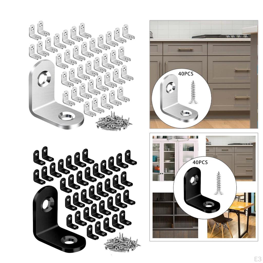 40 Pieces L Brackets Stainless Steel Corner with Screws Angle Set for Wood Cabinet