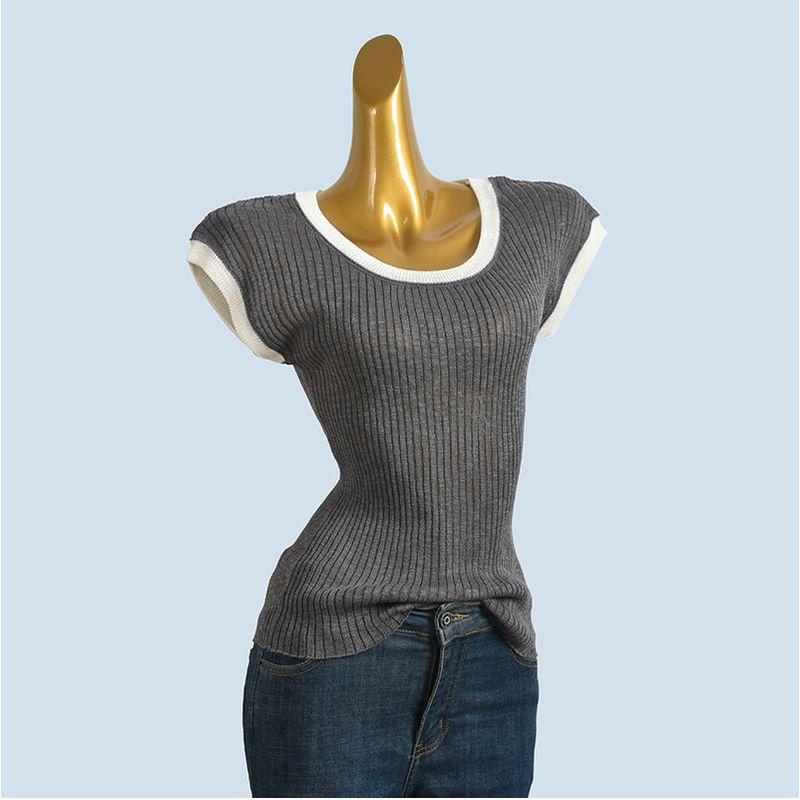 Cotton Contrast Color Knit Women's Short Sleeve Summer Design Sense Niche Western Style Fashion Small Flying Sleeve T-shirt Top All-Matching