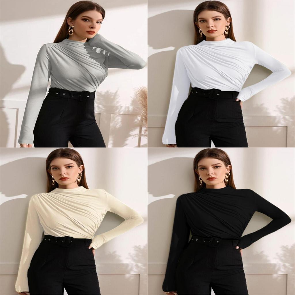 Streetwear T Shirt With Pleated Design And High Neck For Fall Casual Wear