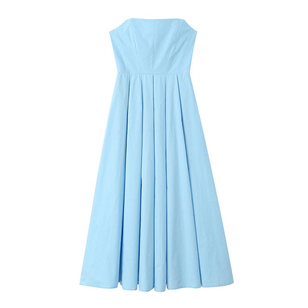 French Retro Solid Color Sleeveless Pleated Design Medium and Long Tube Top Dress Women's European and American Seaside Vacation Dress