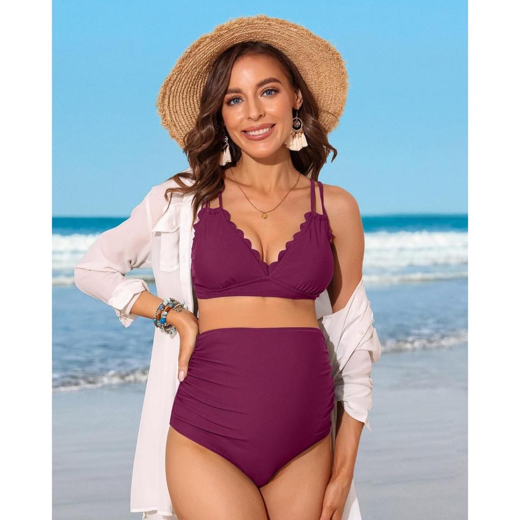 CHARMLEAKS Maternity Swimsuit Women Two Piece High Waist Bikini Scallop Trim Bathing Suit Pregnancy Swimwear