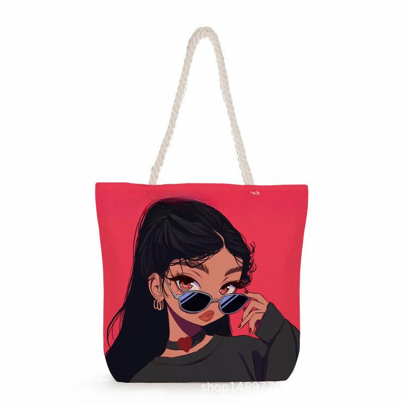 

Multifunctional Black girl Printed Thick Rope Shoulder Beach Bag Casual large capacity handbag 0240 KTB