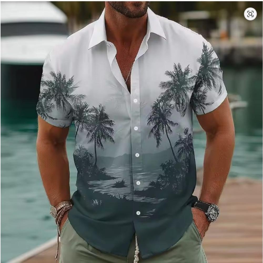 Men s Turndown Collar Hawaiian Shirt Coconut Tree Gradient Tropical 3D Print Short Sleeve Button Up Blue for Spring Summer Beach S синий