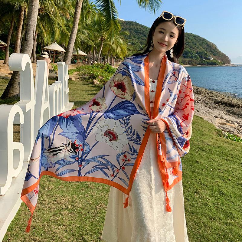 New Summer Elegant Women Silk Scarf Beach Wrap Shawl Floral Print Sunscreen Bandana Hijab Mujer Bohemian Musulman Scarve Pareo