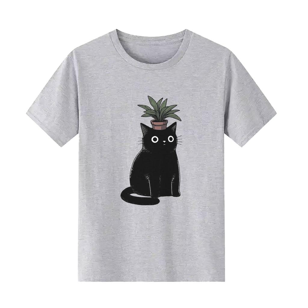 Black Cat Potted Cartoon Printed Short Sleeve Round Neck SpringSummer Versatile Fashion Womens Tshirt