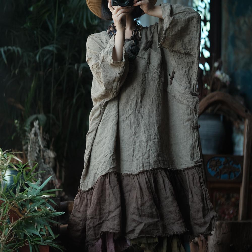 Johnature Damen Vintage Kleider Patchwork Farbe O-Ausschnitt Langarm Herbst Locker Chinesischer Stil Knopfkleid