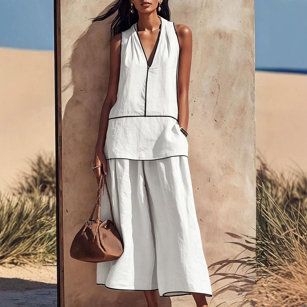 2026 European and American Cross-border Summer Neck V-neck Sleeveless Top Wide-leg Pants Vacation Wind Contrasting Color Edge Loose Suit