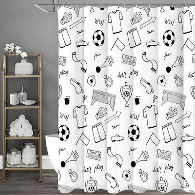 Cartoon Football Flag Trophy Soccer Net Pattern Shower Curtain, Bathroom Decorative Shower Curtain, Waterproof Shower Curtain Wi
