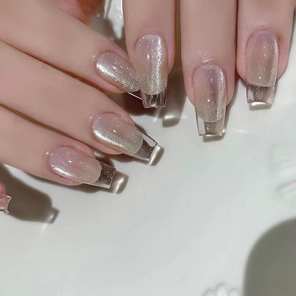 Cat Eye Press On Nails Glass Coffin Acrylic Fake Nails Reusable Stick On Nails for DIY Nail Art Manicure Decorations