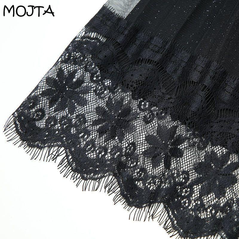 Spring Summer Women's Midi Mesh Lace Pleated Skirt Female Skirt High Waist Solid Slim Mid-length A-line Pleated Skirt