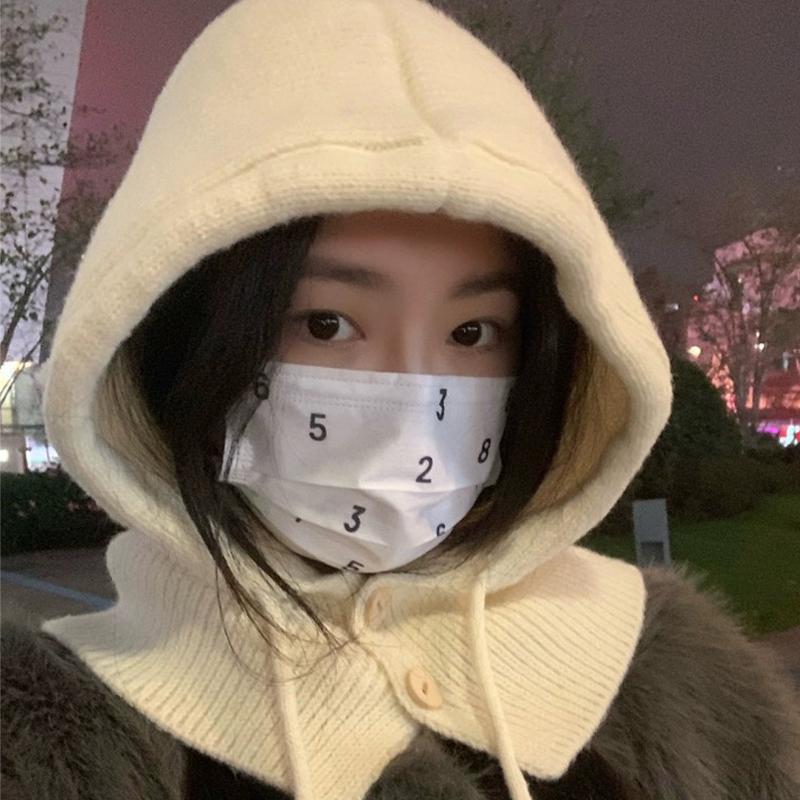 

Winter Balaclava Hats For Women Unisex Knitted Hooded Caps Outdoor Warmer Drawstring Hat One-Piece Neck Collar Beanies Caps