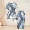 Women Plus Size Blue Gray Printed Two Piece Skirt Set Round Neck Short Sleeve Tie Waist Top Fitted Skirt