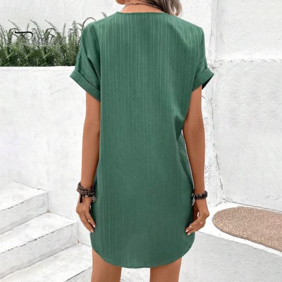 Summer Women Dress V Neck Button Short Sleeves Loose Solid Color Pullover Casual Daily Wear Dating Mini Dress