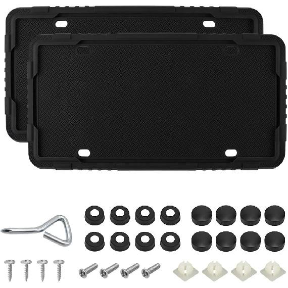 2PCS Silicone License Plate Frame, Rustproof US Car Tag Holder Bracket with Drainage Holes, Anti-Rattle Weather Proof Front Back Licence Plate Cover